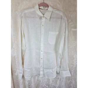 Tommy Bahama Mens White 100% Linen Long Sleeve Windowpane Button Up Shirt Large